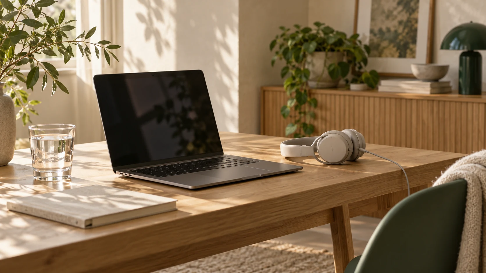 Illustrative workspace with an everyday laptop and wired headphones in warm natural light